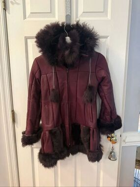 Handmade Girls Burgundy Leather & Fur Hooded Coat sz 12 EUC
